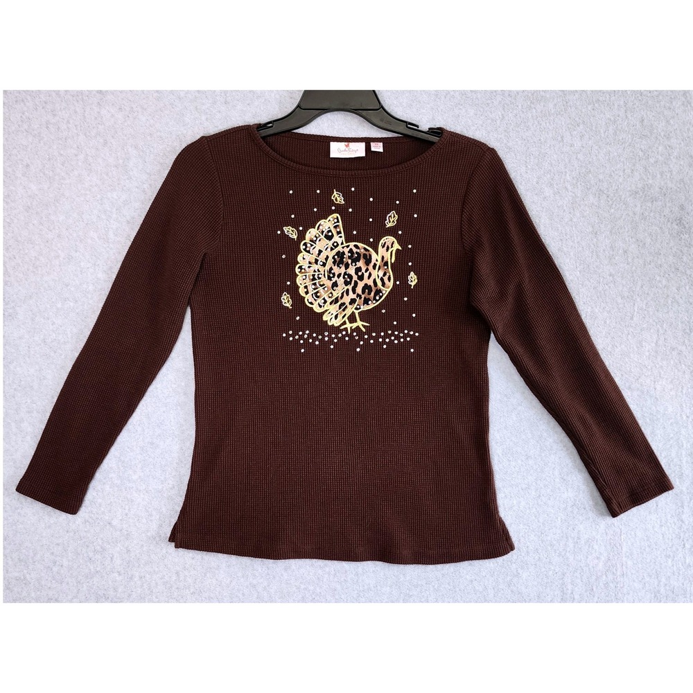 Quacker Factory Top Womens XS Brown Turkey Leopard Print Rhinestone Waffle Knit